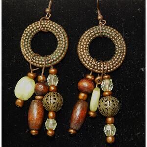 Vintage Hoop with Dangling Plastic Metal & Wood Beads Earrings